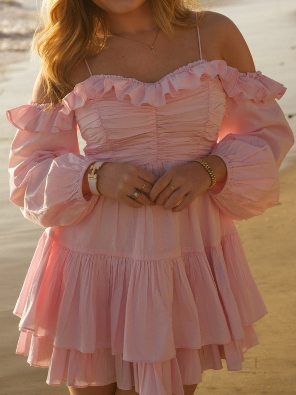 LoveShackFancy Pink Ruffled Off-Shoulder Mini Dress